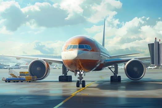 A commercial airliner stands on the airport runway, ready for departure. The plane is illuminated by sunlight, with a bright sky and clouds in the background.
