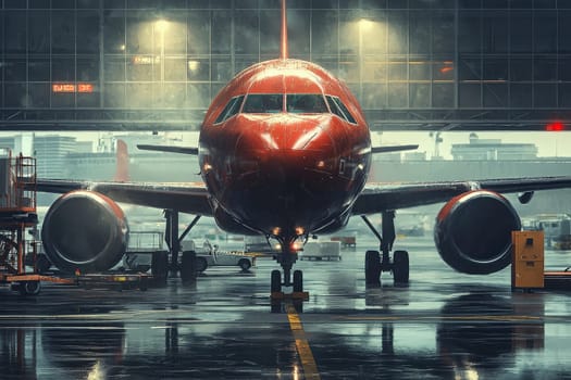 A red and silver airplane sits on a wet tarmac at an airport. Water droplets slide down its fuselage while bright terminal lights reflect off the surface, enhancing the busy atmosphere on a rainy day.