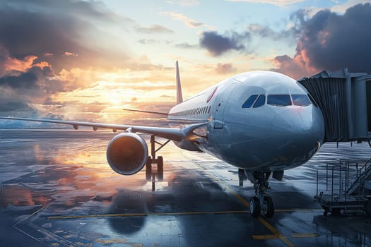 An airplane stands on the tarmac at an airport during sunset, reflecting vibrant colors from the sky. The scene conveys a sense of anticipation for travelers as it prepares for takeoff.