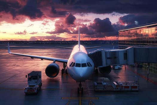 An airplane awaits at an airport gate during sunset, with vibrant clouds in the sky. Ground crew vehicles are seen nearby, ready for boarding operations as the day ends.