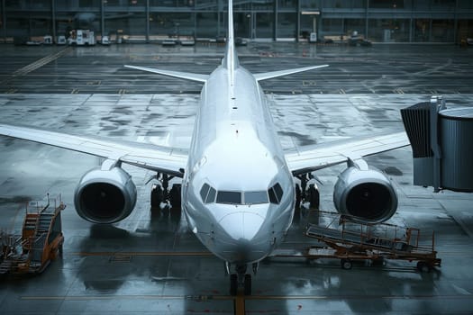 A silver airplane is parked on a wet airport runway under cloudy skies, surrounded by ground equipment and the terminal building in the background. It is a dreary day with rain pooling on the tarmac.