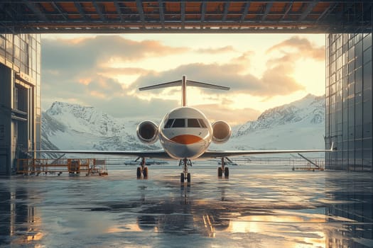 A sleek jet sits poised in a hangar, its nose facing outward toward a breathtaking mountain range. The sunset casts a warm glow over the reflective surface, highlighting the aircrafts elegant design.