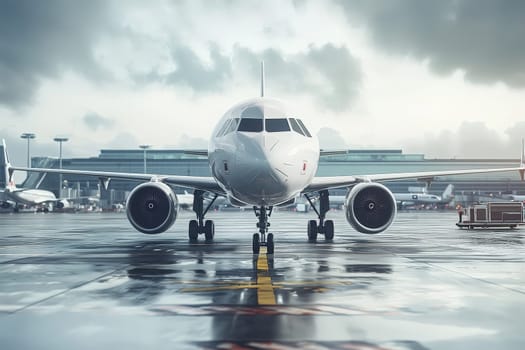 An airplane is positioned on a rain-slicked runway at a bustling airport, surrounded by cloud-covered skies. Ground crews handle luggage as the aircraft gets ready for departure.