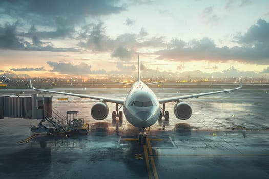 An airplane is positioned on the runway as the sun sets, casting a warm glow across the cloudy sky. City lights twinkle in the background, adding vibrancy to the scene.