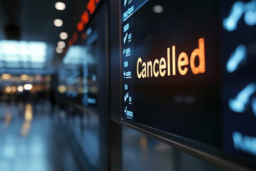 A digital display at a busy airport shows a flight marked as cancelled. Passengers navigate the terminal, reacting to the unexpected change in their travel schedules.