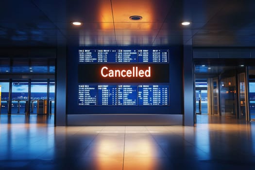 A large digital screen indicates multiple flight cancellations in a contemporary airport terminal. Bright lights illuminate the space, showing empty boarding areas and an overall quiet atmosphere.