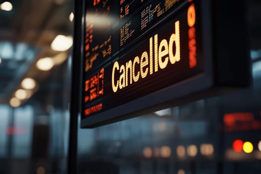 A digital display board shows the word Cancelled brightly illuminated, indicating a disruption in train services. The setting suggests it is located in a busy transportation hub.
