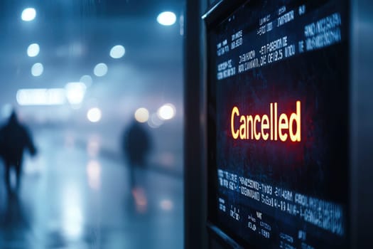 A bright red cancellation notice stands out against a blurred background of a dimly lit station where commuters are moving. The atmosphere conveys a sense of urgency and frustration.