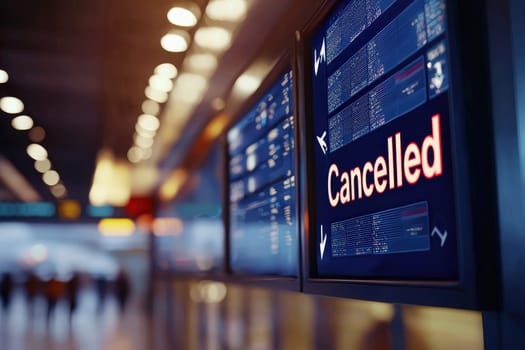 An electronic display board shows multiple flight cancellations, creating confusion for travelers at an airport during peak hours. People walk by, looking concerned about their travel plans.