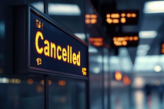 A flight information display board shows a Cancelled sign amidst glowing orange text. The blurred background reveals an airport terminal bustling with travelers and activity.