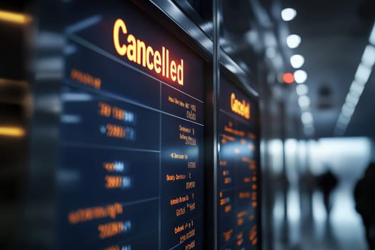 A busy airport terminal displays flight information boards showing cancellations. Travelers are visibly concerned, navigating the stressful situation in search of alternatives.