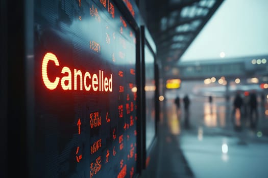 A digital display board shows multiple flight cancellations in bright red letters at a bustling airport. Travelers are seen in the background, navigating through the rainy evening.