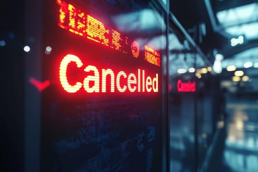 A digital display shows the word Cancelled in bright red letters at an airport. Travelers are visibly affected, standing around and checking flights, creating a tense atmosphere.