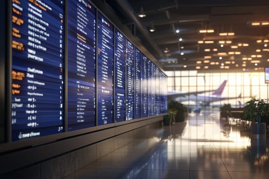 The modern airport terminal features large digital flight information boards showing arrivals and departures.