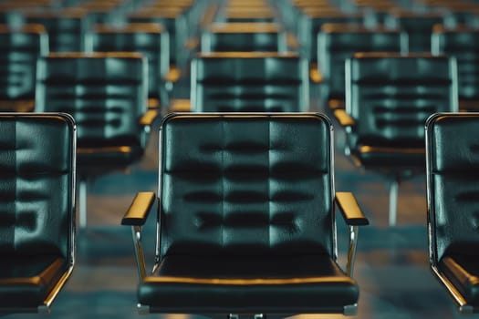 Rows of sleek black chairs are arranged in a spacious conference room designed for events.