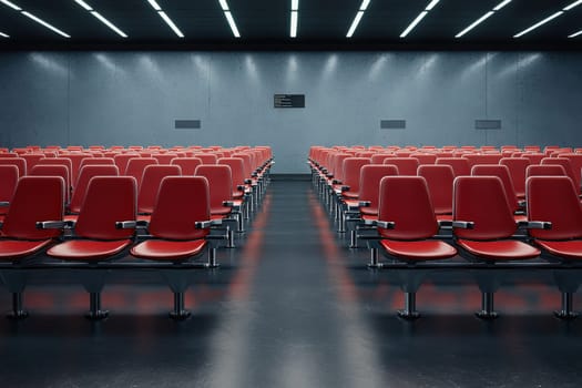 A spacious waiting area features rows of bright red chairs arranged neatly. The modern, minimalist design highlights the concrete walls and stylish lighting, creating an inviting atmosphere.