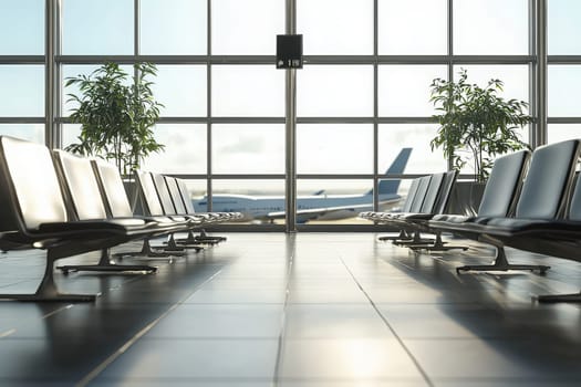 Spacious airport waiting area features sleek seating and plants. Large windows allow natural light and provide a view of planes outside, creating a welcoming atmosphere for travelers.
