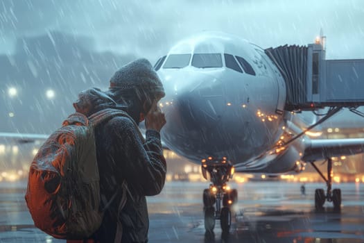 A traveler stands at an airport in the rain, looking contemplative as an airplane awaits boarding. The scene evokes a sense of anticipation under dim, wet conditions.