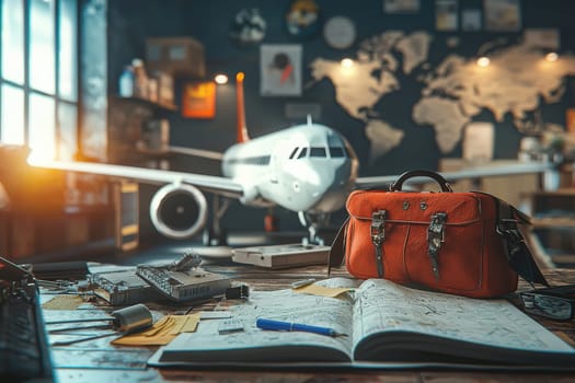 A workspace is filled with travel-related items, including a model airplane, an orange bag, and an open notebook. Sunlight streams through a window, creating a warm atmosphere for planning journeys.