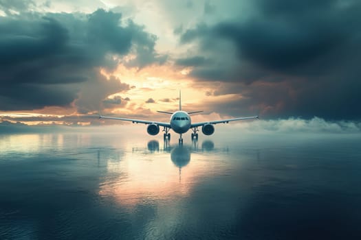 An airplane stands still on the surface of a reflective body of water during sunset. Dramatic clouds create a vivid backdrop, enhancing the serene yet powerful atmosphere of the moment.