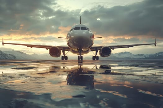 An airplane stands on a wet runway, reflecting the colorful sky during twilight. Mountains loom in the background, creating a dramatic atmosphere as the day transitions into night.