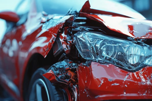 A red car shows extensive damage after an accident, with its hood crumpled and headlight shattered. The scene captures the aftermath of a collision, highlighting the impact on the vehicle.
