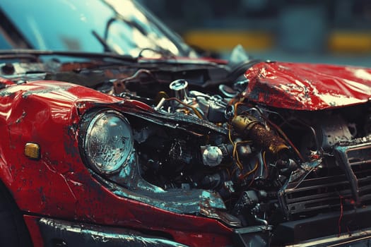 An old red car shows extensive damage as its hood is open, showcasing disarrayed engine parts. Surrounding urban elements add a gritty context to this vehicles unfortunate state.