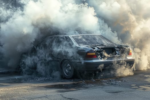 A car is engulfed in thick smoke on the street, suggesting a fire. The surrounding area is visibly affected by dark, billowing clouds.