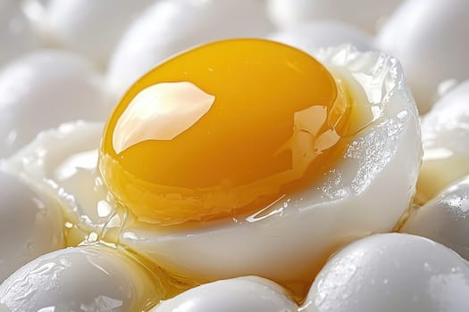 A vibrant egg yolk sits atop a smooth layer of fresh egg whites, glistening in the light. The contrast in colors showcases the freshness and quality of the eggs, inviting culinary creativity.