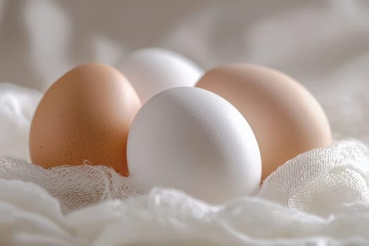 Four eggs in assorted hues of brown and white are placed gently on a delicate white fabric.
