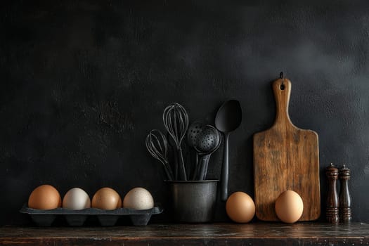 A collection of eggs in an egg carton sits beside various kitchen utensils, including whisks and spoons, against a dark, textured background. The arrangement hints at a cooking session.