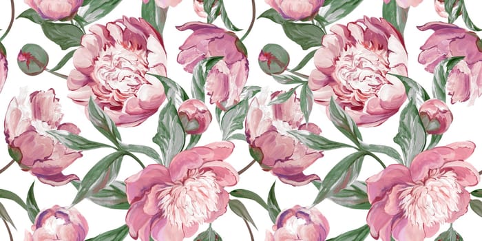 Botanical seamless pattern with peonies and sakura branches drawn in gouache for textile and design