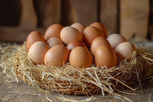 A collection of various eggs is displayed in a natural nest made of straw, set on a weathered wooden surface. The eggs range in color, showcasing shades of brown to beige.