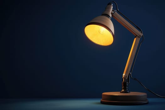 A wooden desk lamp stands prominently on a flat surface, casting a warm glow in a dark blue room. The lamps design features a simple yet elegant structure, creating a cozy atmosphere.