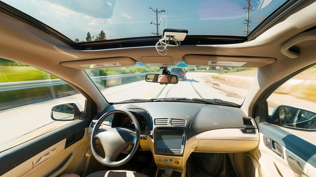 The modern interior of an unmanned car with a view of the panoramic hatch The modern interior of an unmanned car with a view of the panoramic hatch
