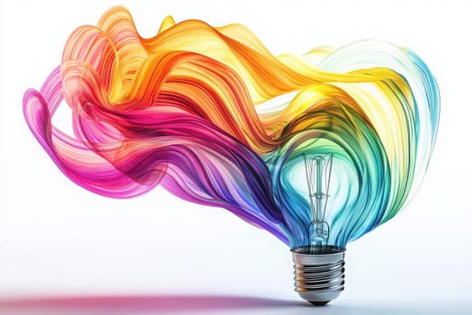 A light bulb emits bright, colorful waves that blend harmoniously in shades of yellow, pink, blue, and green. The dynamic design symbolizes creativity and innovative ideas.