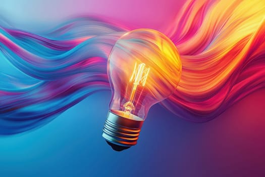 A glowing light bulb floats in a dynamic, colorful backdrop that features flowing waves in blue, pink, and orange shades. The design evokes a sense of creativity and inspiration.