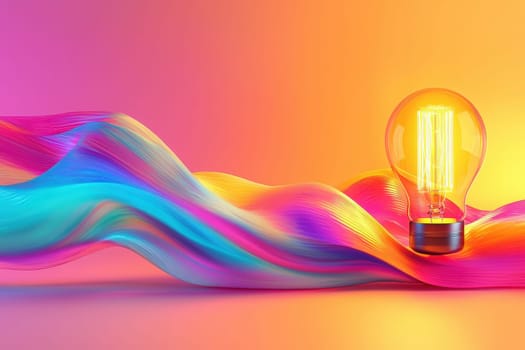 A glowing light bulb stands prominently on a wavy, colorful surface with vibrant shades of pink, blue, and orange. The scene radiates warmth and creativity, evoking a modern aesthetic.