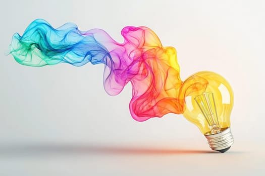 A light bulb radiates colorful smoke in shades of blue, purple, orange, and yellow, creating a dynamic and vibrant visual effect. The scene showcases creativity and imagination.