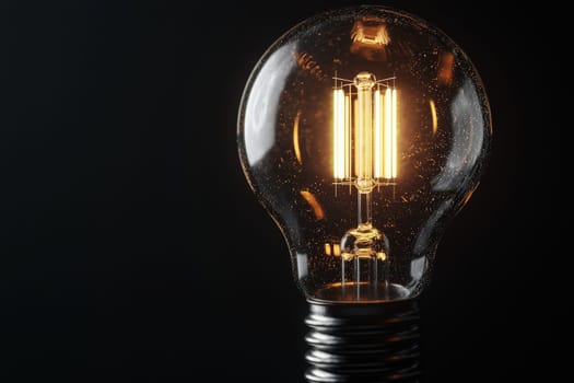 A vintage light bulb illuminates with a warm glow against a black backdrop, highlighting its filament and glass design, creating an elegant and nostalgic atmosphere in a relaxed setting.
