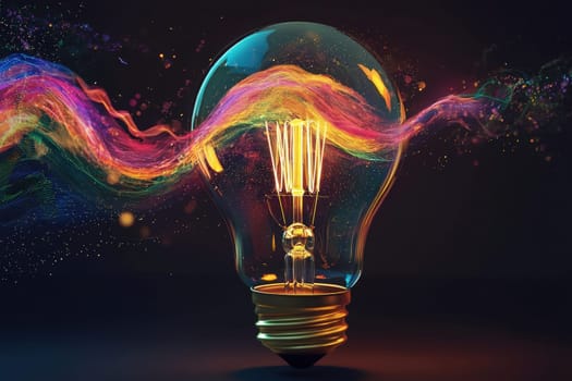 A vibrant light bulb emits warm light while being surrounded by swirling colorful waves. The dark background enhances the luminosity and dynamic shapes of the colors.