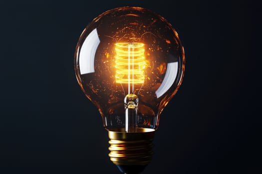 A vintage light bulb casts a warm glow in a dark environment, showcasing its beautiful filament. The bulbs glass surface reflects soft light, creating an inviting atmosphere.