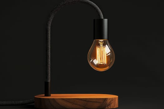 A stylish desk lamp featuring a curved design with a warm bulb casting a soft glow. The wooden base adds an elegant touch, creating a cozy ambiance in a dimly lit room.