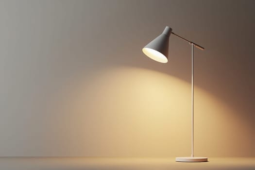 A modern desk lamp with a white shade illuminates a minimalist room, creating a cozy atmosphere with soft light. The wall behind displays subtle textures, enhancing the serene ambiance.