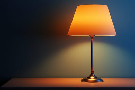 A sleek lamp with an orange shade casts a warm glow on a clean, minimalistic table against a soft blue wall, creating a cozy ambiance in a dimly lit room.