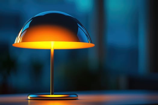 A sleek, modern lamp emits a warm glow in a dimly lit room. The design features a dome shape and a metallic base, creating a calming ambiance amidst evening shadows and soft furnishings.