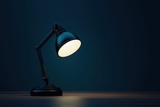 A sleek black desk lamp stands on a wooden surface, casting a warm glow in a dark room. The contrasting light enhances the tranquil ambiance, highlighting the lamps design.