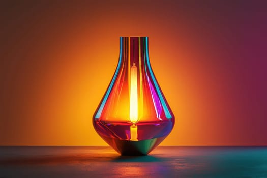 A sleek lamp with a unique design displays a warm glow, casting colorful reflections on the surface. The atmosphere is transformed with an inviting and stylish ambiance that captivates the viewer.