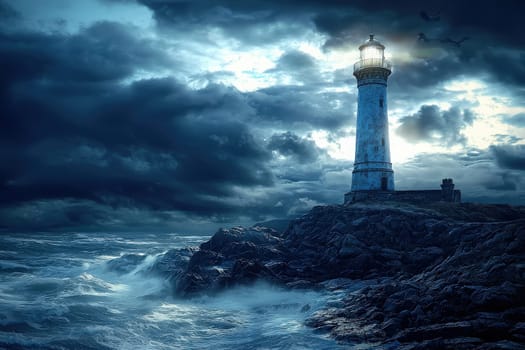 A tall lighthouse stands on rocky terrain as heavy clouds loom overhead. Waves crash dramatically against the rocks below. The beacon of light shines through the darkness, guiding vessels.