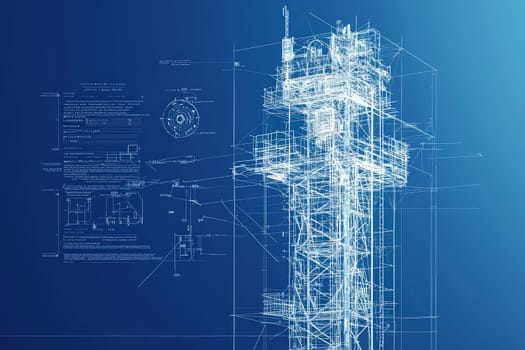 A detailed blueprint of a communication tower showcases its intricate design and engineering specifications. Technical drawings and measurements illustrate the towers structure and functionality.